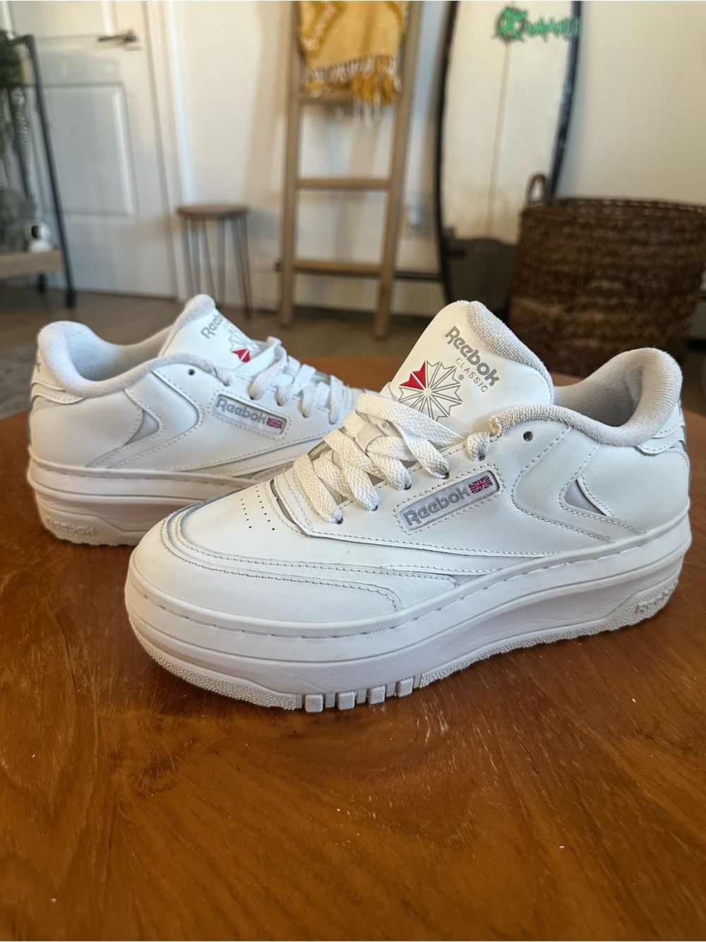 Reebok White Leather Platform Sneakers with Subtle Red Logo